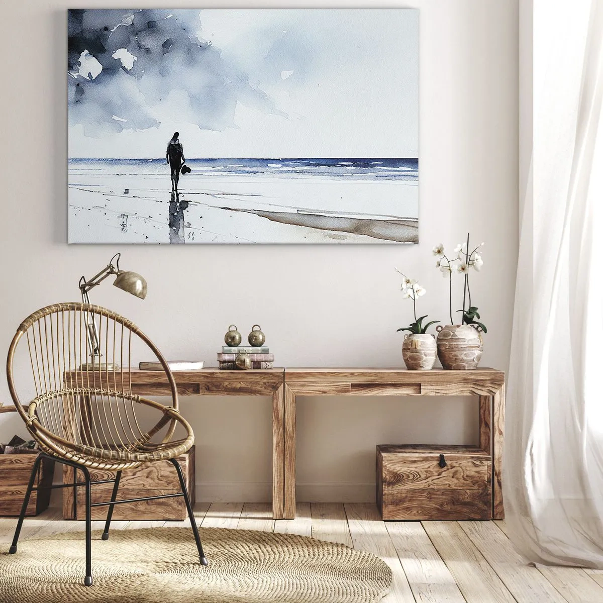 Impression sur toile - Image sur toile - Une silhouette sur une plage dans un environnement marin calme - 100x70cm - Conversation avec la mer - Décoration murale moderne pour le salon et la chambre ARTTOR