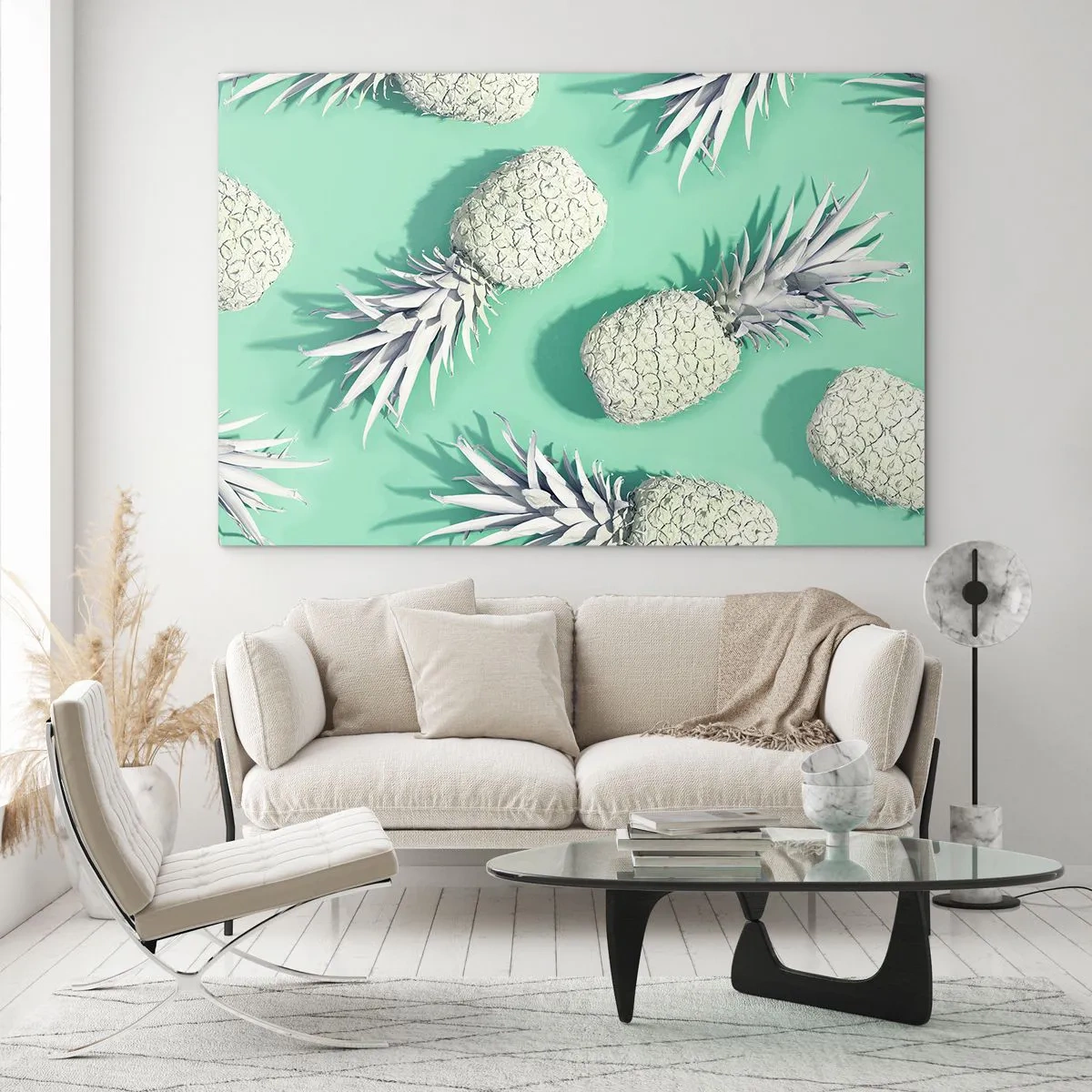 Impression sur verre - Image sur verre - Ananas blancs sur fond menthe dans une composition artistique - 100x70cm - Ils se combinent très bien avec la menthe - Décoration murale moderne pour le salon et la chambre ARTTOR