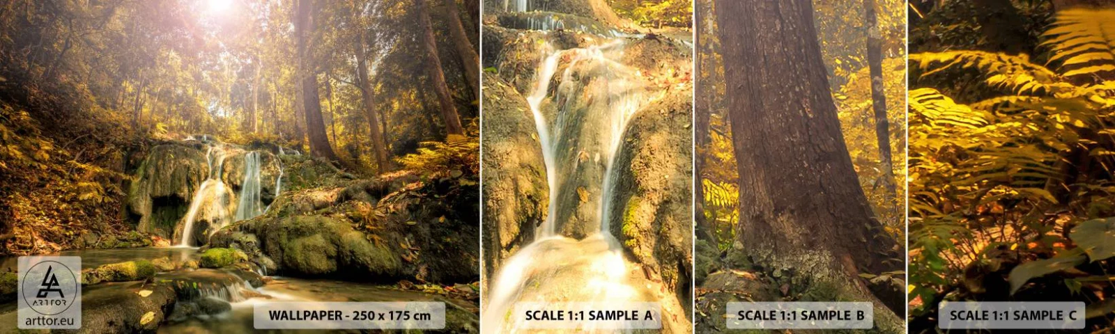 Échantillon De Papier Peint Standard Eco - Cascade de forêt en vert - Paysage, Cascade, Forêt - 100x30 cm