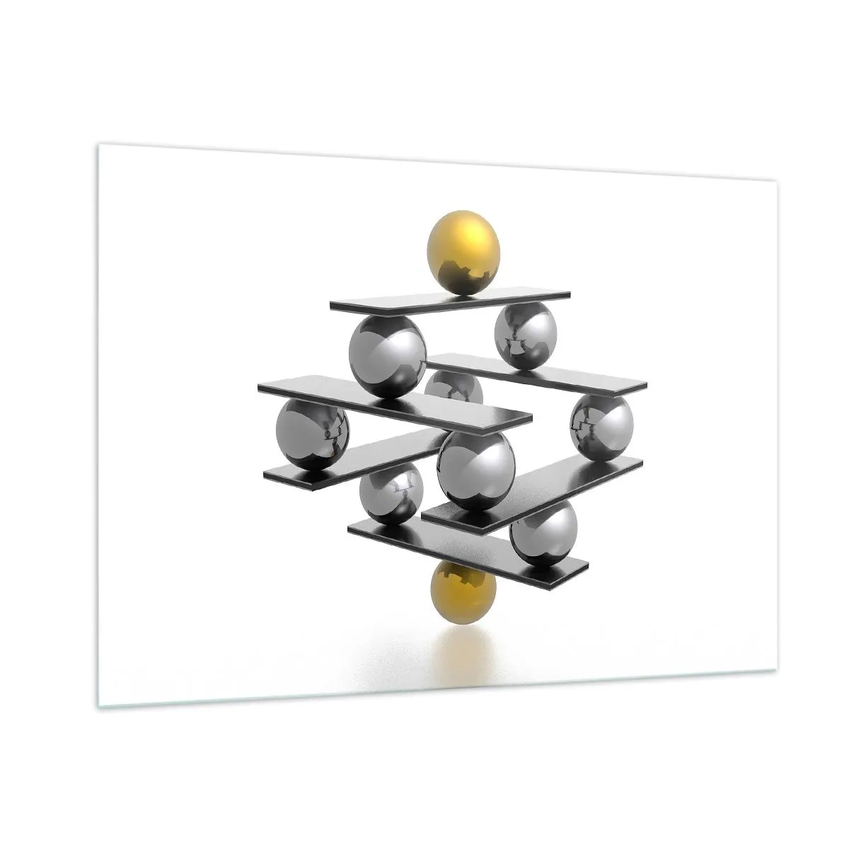 Impression sur verre - Image sur verre - Composition géométrique avec des boules et des plateformes sur fond blanc - 100x70cm - Balance d'or et d'argent - Décoration murale moderne pour le salon et la chambre ARTTOR
