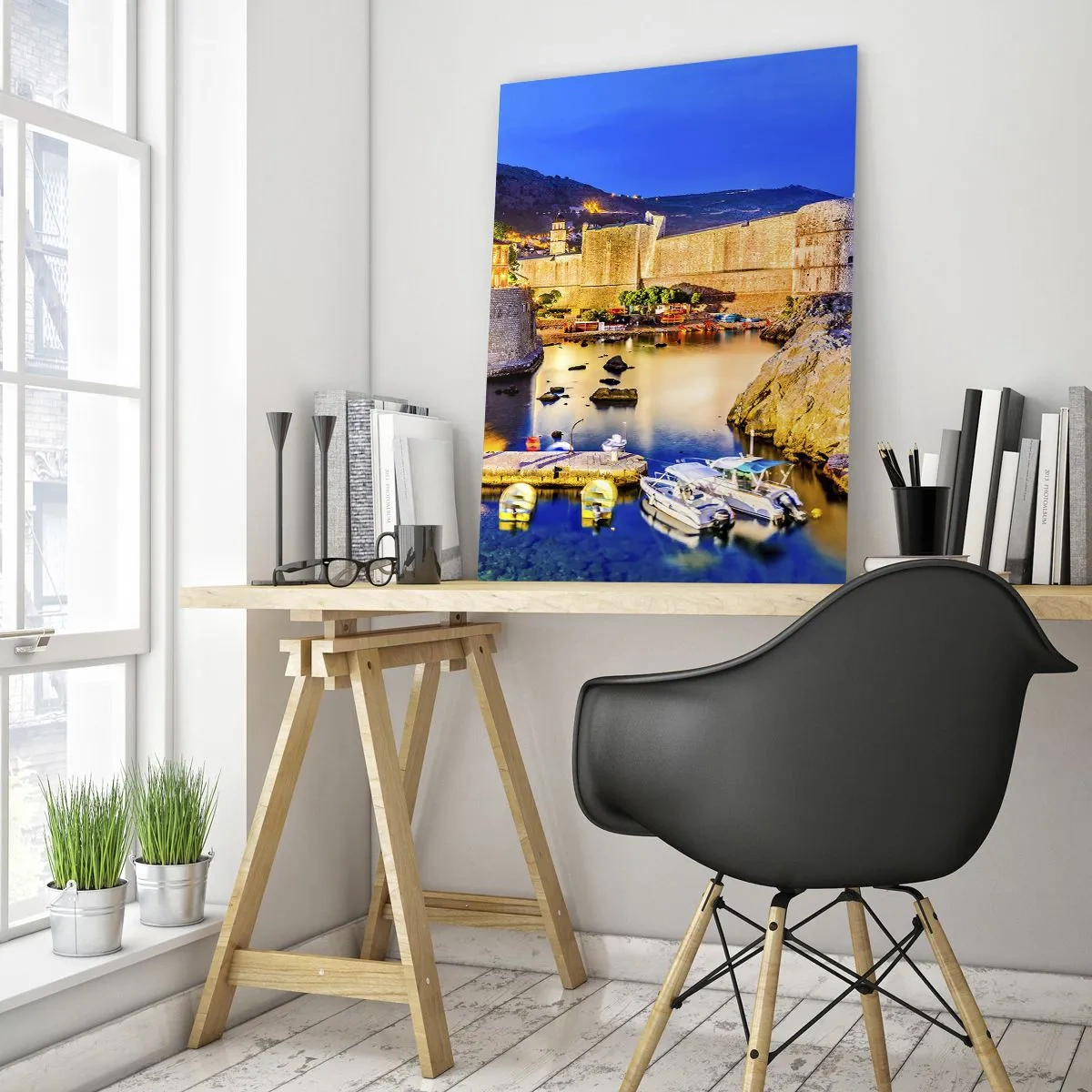 Impression sur verre - Image sur verre - Panorama nocturne de Dubrovnik avec bateaux et remparts de la ville - 50x70cm - Nuit illuminée sur l'Adriatique - Décoration murale moderne pour le salon et la chambre ARTTOR