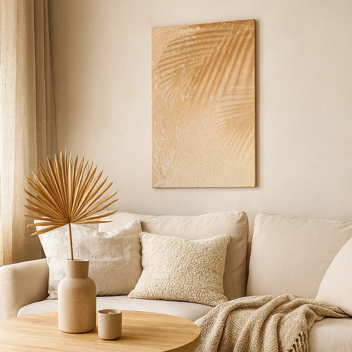 Impression sur toile - Image sur toile - L'ombre d'un palmier sur le sable avec un délicat motif de vagues - 50x70cm - Ombre d'un été chaud - Décoration murale moderne pour le salon et la chambre ARTTOR