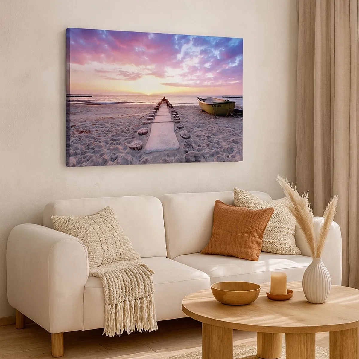 Impression sur toile - Image sur toile - Plage au lever du soleil avec bateau et jetée - 70x50cm - Moment d'expérience profonde - Décoration murale moderne pour le salon et la chambre ARTTOR