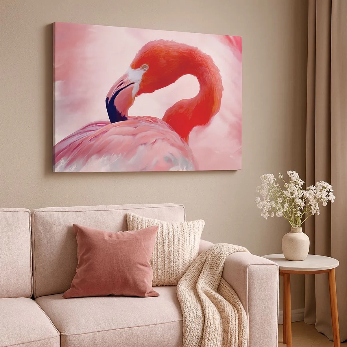 Impression sur toile - Image sur toile - Un flamant rose aux tons roses sur fond clair - 70x50cm - Beauté des oiseaux - Décoration murale moderne pour le salon et la chambre ARTTOR