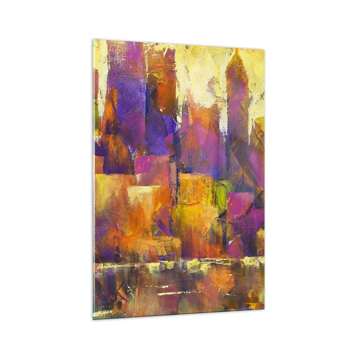 Impression sur verre - Image sur verre - Composition abstraite d'une métropole dans les tons jaune et violet - 70x100cm - Composition métropolitaine - Décoration murale moderne pour le salon et la chambre ARTTOR