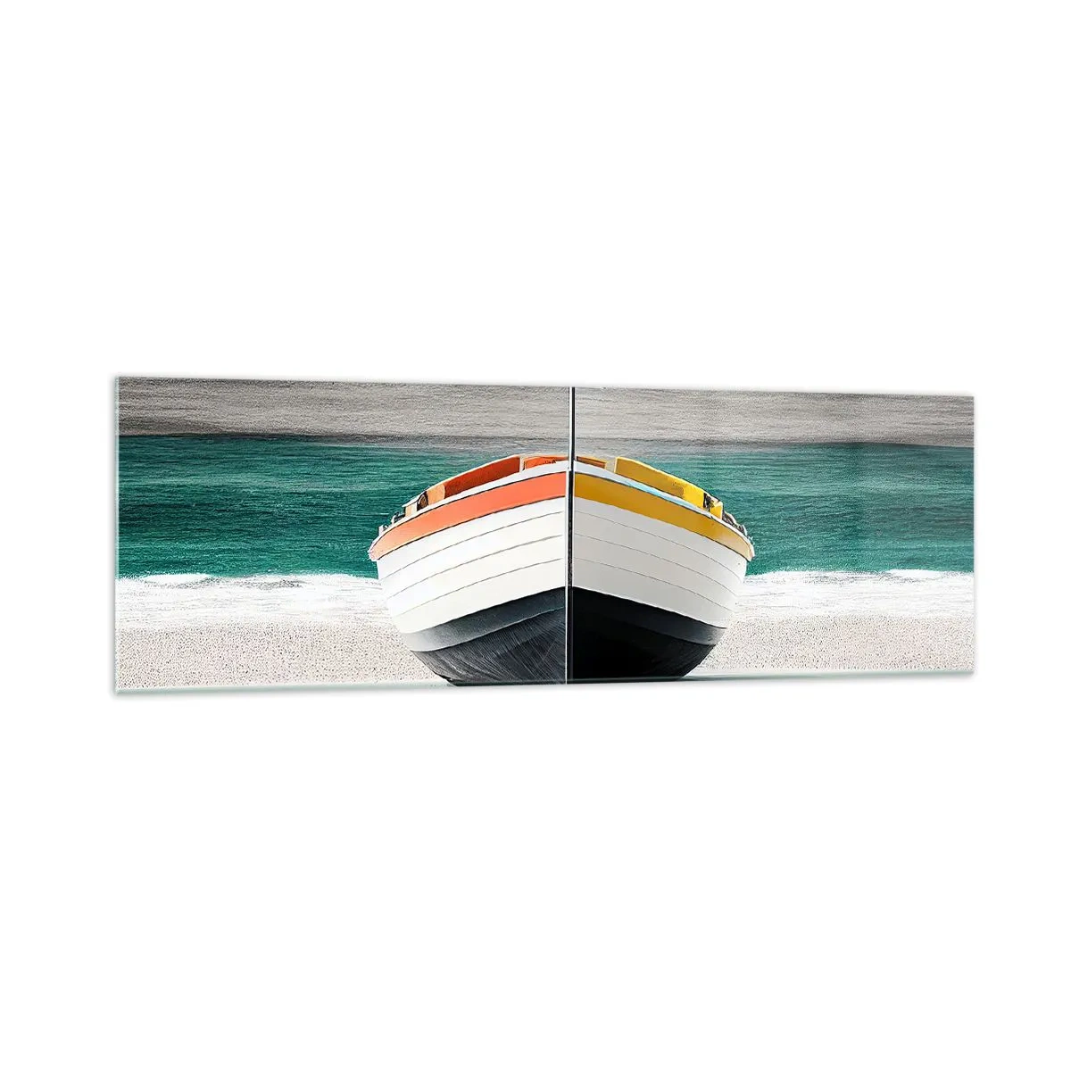 Impression sur verre - Image sur verre - Un bateau sur la plage avec une mer turquoise en arrière-plan - 160x50cm - A sa place - Décoration murale moderne pour le salon et la chambre ARTTOR