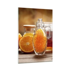 Impression sur verre - Image sur verre - Une bouteille de liquide ambré et des oranges fraîches - 80x120cm - Saveurs et arômes ensoleillés - Décoration murale moderne pour le salon et la chambre ARTTOR