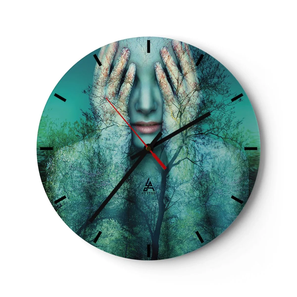 Horloge murale - Pendule murale - Le visage d'une femme dans une forêt avec des arbres et un fond vert. - 30x30cm - immergé dans l'azur - Décoration murale moderne pour le salon, la cuisine et la chambre ARTTOR