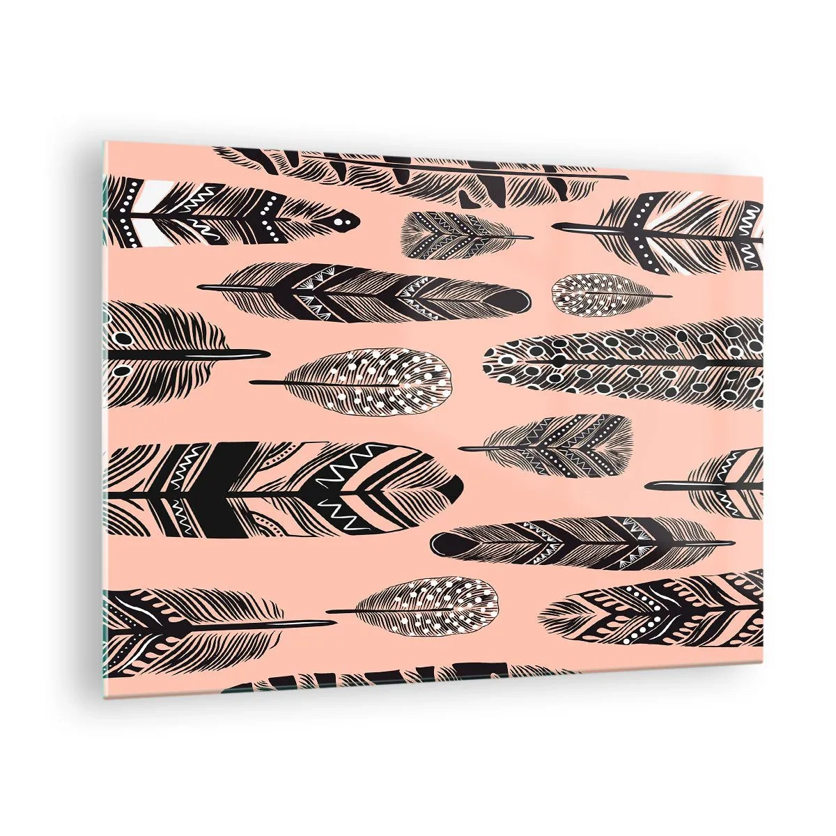 Impression sur verre - Image sur verre - Plumes décoratives à motifs noirs et blancs sur fond rose - 70x50cm - Collection indienne - Décoration murale moderne pour le salon et la chambre ARTTOR