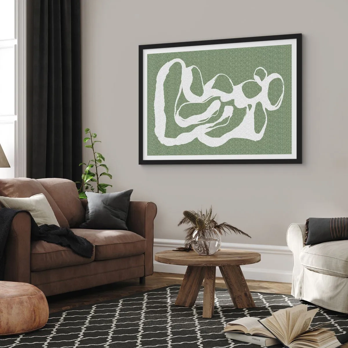 Affiche dans un cadre noir - Poster - Formes organiques en blanc sur fond vert - 70x50cm - L'appel de l'espace - Décoration murale moderne pour le salon et la chambre ARTTOR