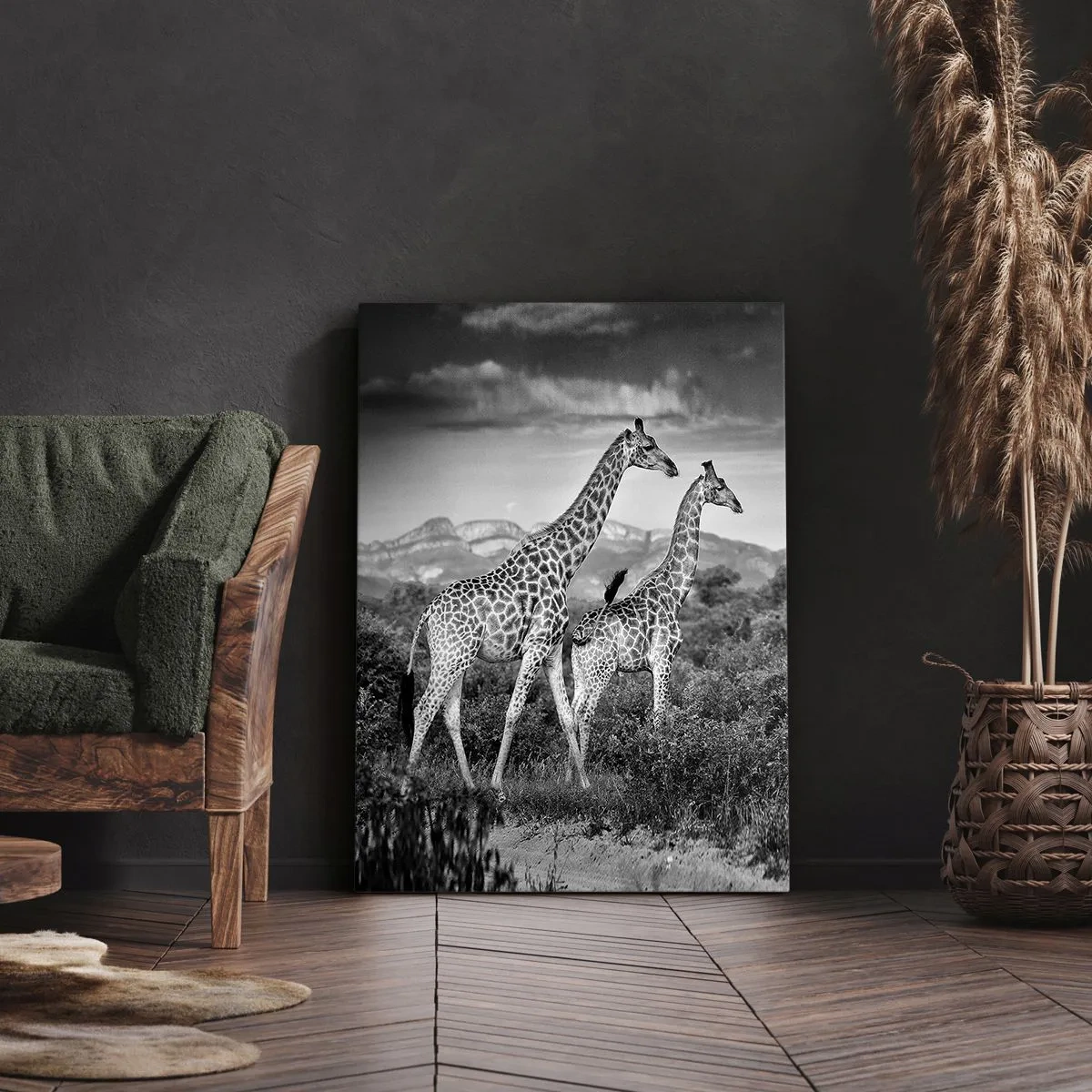 Impression sur toile - Image sur toile - Silhouettes noires et blanches de deux girafes dans la savane - 70x100cm - Hautes sphères en Afrique - Décoration murale moderne pour le salon et la chambre ARTTOR