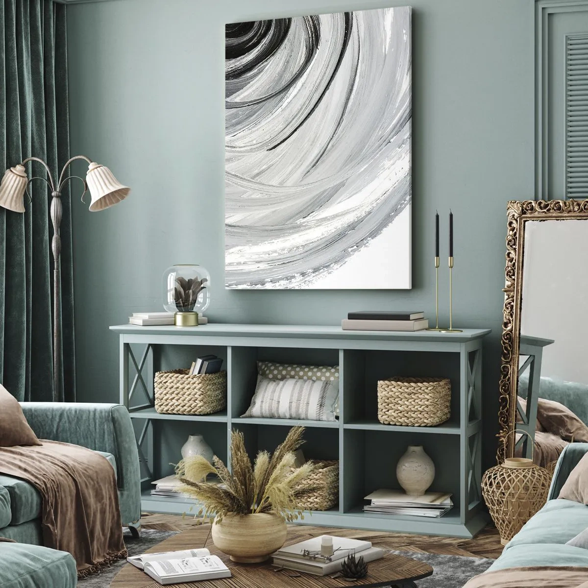 Impression sur toile - Image sur toile - Un tourbillon monochrome dans des tons de gris et de noir - 70x100cm - Composition orbitale - Décoration murale moderne pour le salon et la chambre ARTTOR