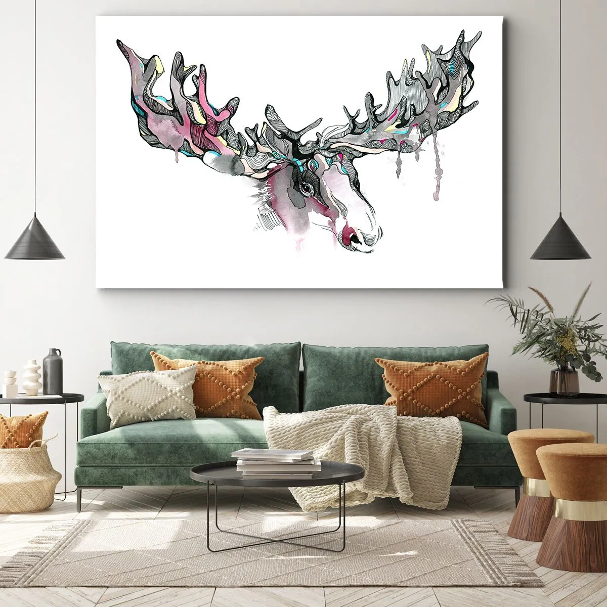 Impression sur toile - Image sur toile - Aquarelle artistique d'un élan aux bois riches - 70x50cm - Couronne du roi de la forêt - Décoration murale moderne pour le salon et la chambre ARTTOR