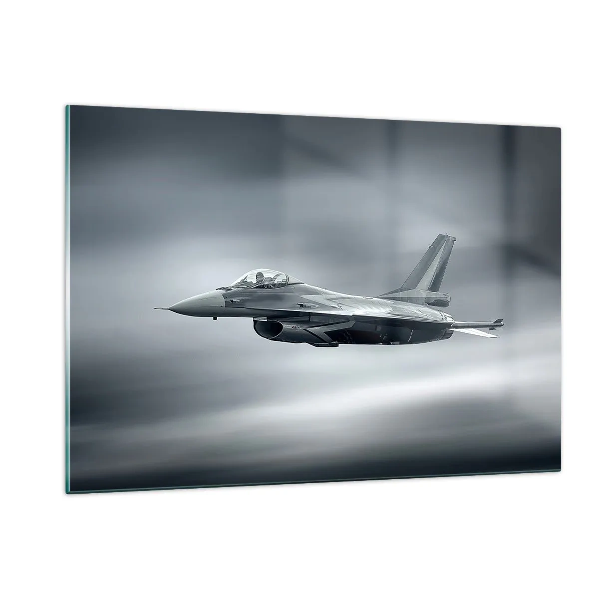 Impression sur verre - Image sur verre - Un avion de chasse en vol contre un ciel nuageux - 120x80cm - Acceptez-vous le défi? - Décoration murale moderne pour le salon et la chambre ARTTOR