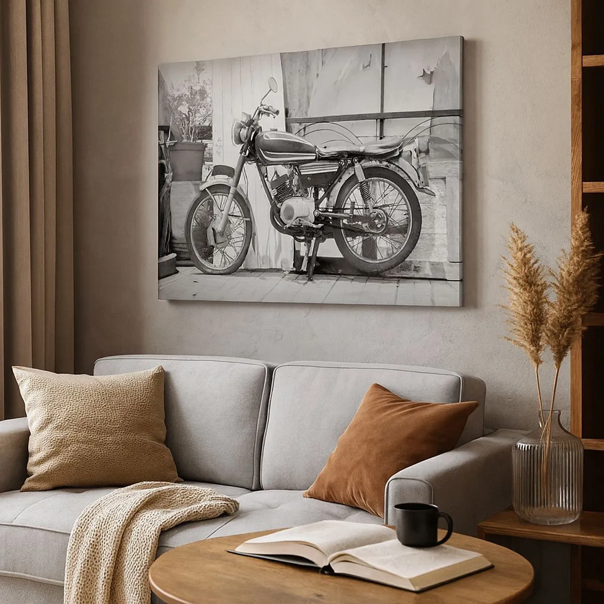 Impression sur toile - Image sur toile - Photo en noir et blanc d'une moto classique - 70x50cm - Classique au dessus de tout - Décoration murale moderne pour le salon et la chambre ARTTOR