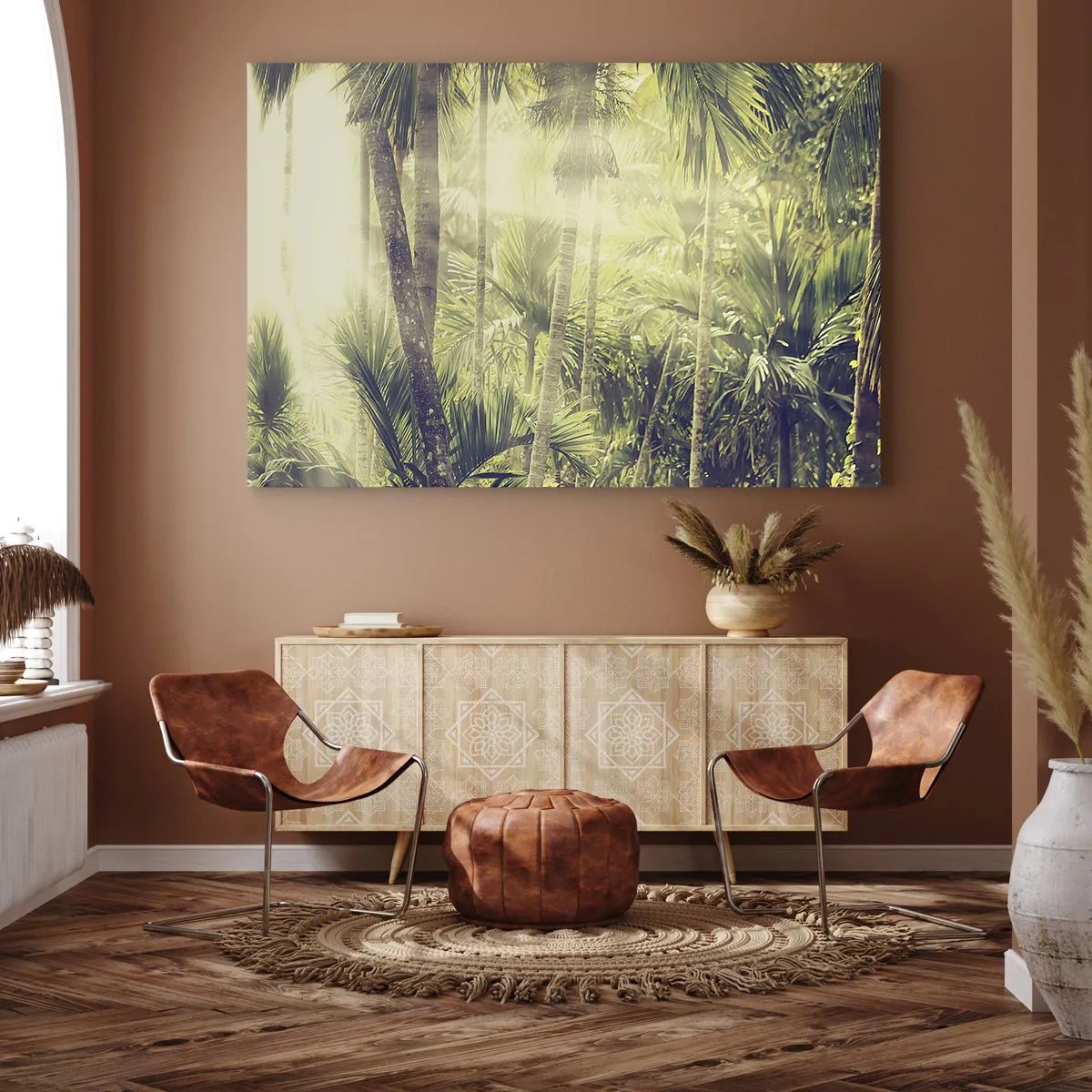 Impression sur toile - Image sur toile - Rayons de soleil dans une forêt tropicale de palmiers - 100x70cm - Nature enflammée - Décoration murale moderne pour le salon et la chambre ARTTOR