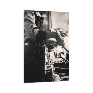 Impression sur verre - Image sur verre - Un chef au travail dans la cuisine avec de la vapeur s'élevant d'une poêle à frire - 70x100cm - Alchimie des saveurs - Décoration murale moderne pour le salon et la chambre ARTTOR