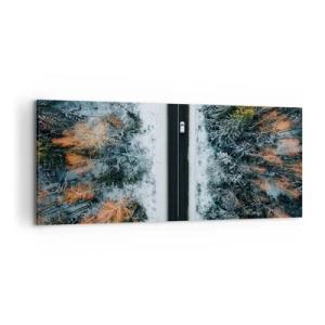 Impression sur toile - Image sur toile - Une route à travers une forêt hivernale vue à vol d'oiseau - 120x50cm - Couper à travers la forêt d'hiver - Décoration murale moderne pour le salon et la chambre ARTTOR