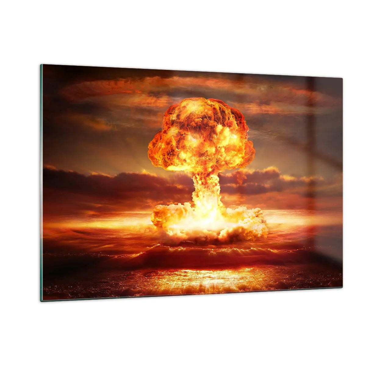 Impression sur verre - Image sur verre - Une explosion de nuage en forme de champignon dans les couleurs intenses d'un coucher de soleil - 120x80cm - Et la fin viendra - Décoration murale moderne pour le salon et la chambre ARTTOR