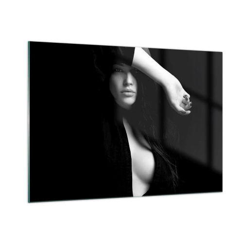 Impression sur verre - Image sur verre - Une femme en noir dans une pose sensuelle sur un fond sombre - 100x70cm - École de séduction - Décoration murale moderne pour le salon et la chambre ARTTOR