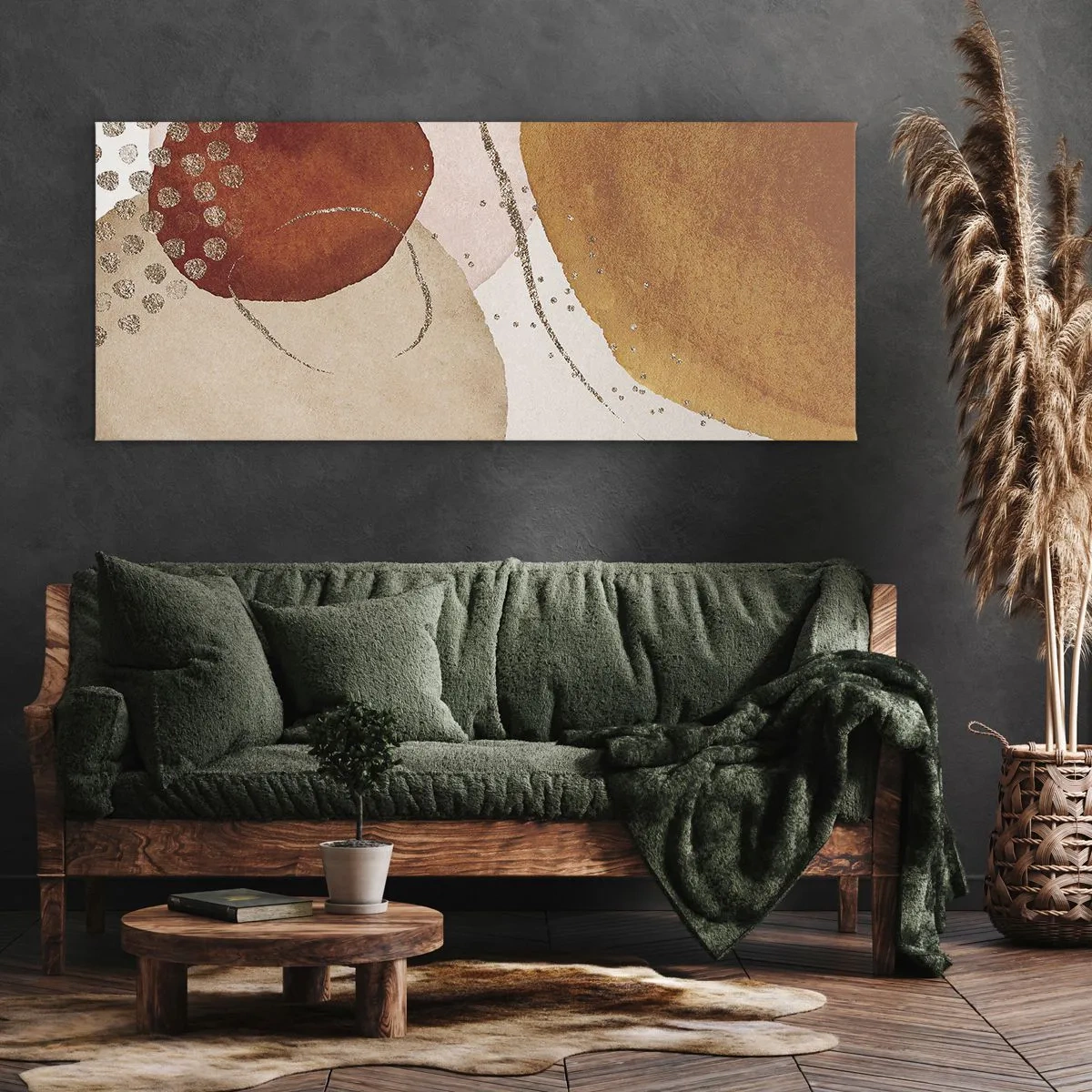 Impression sur toile - Image sur toile - Formes abstraites dans des tons chauds de marron et d'or - 120x50cm - Rondeur et mouvement - Décoration murale moderne pour le salon et la chambre ARTTOR