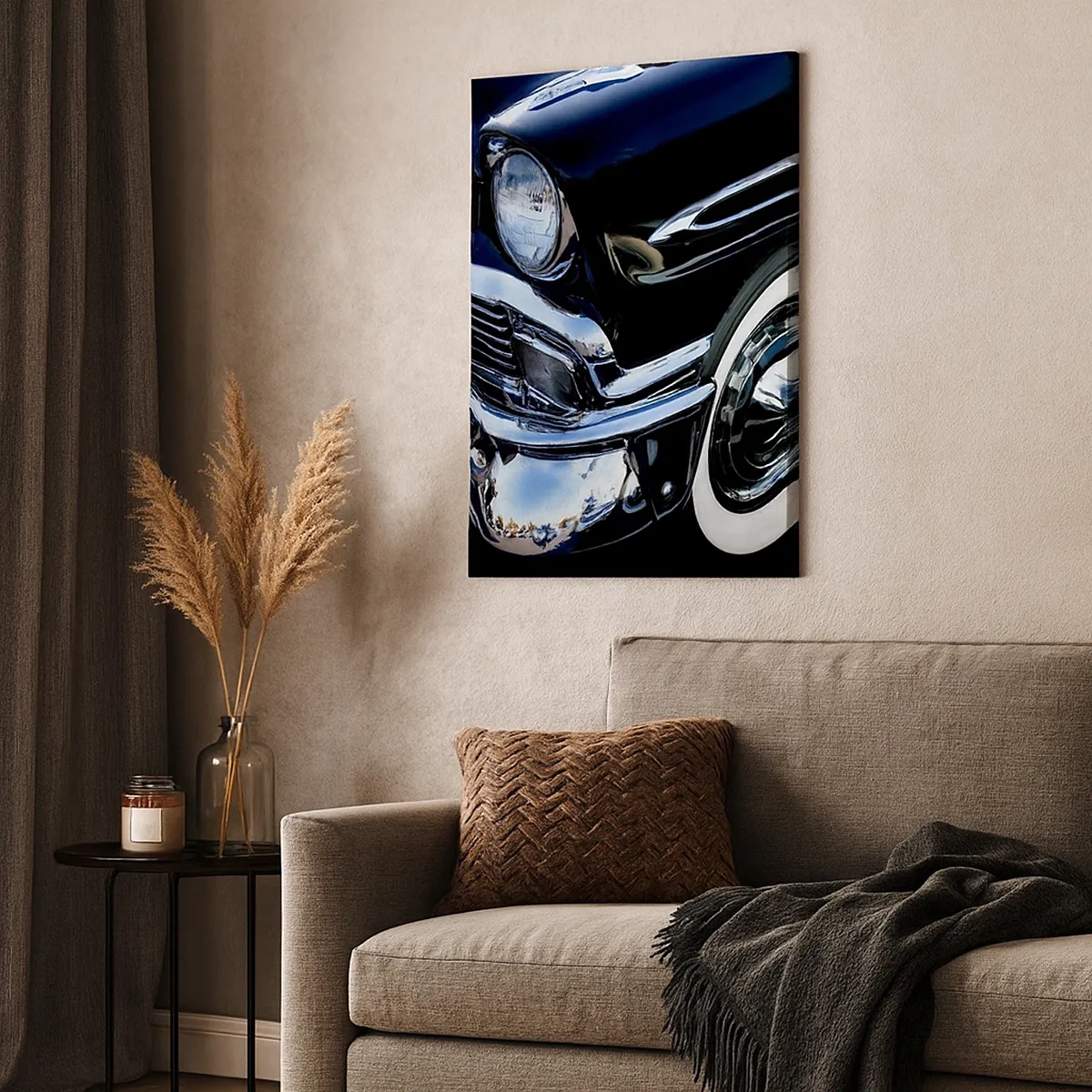 Impression sur toile - Image sur toile - Gros plan du phare et du garde-boue d'une voiture classique noire - 50x70cm - Classique en argent, noir et blanc - Décoration murale moderne pour le salon et la chambre ARTTOR