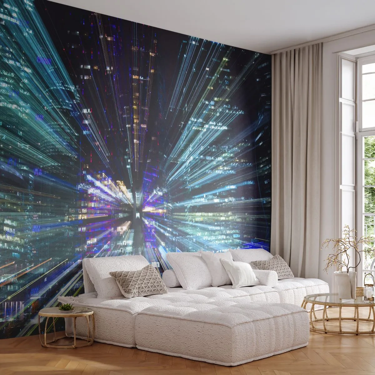 Papier Peint Photo Premium Sand - Transition vers l'hyperespace - Abstraction, Ville, Graphique - 300x210 cm
