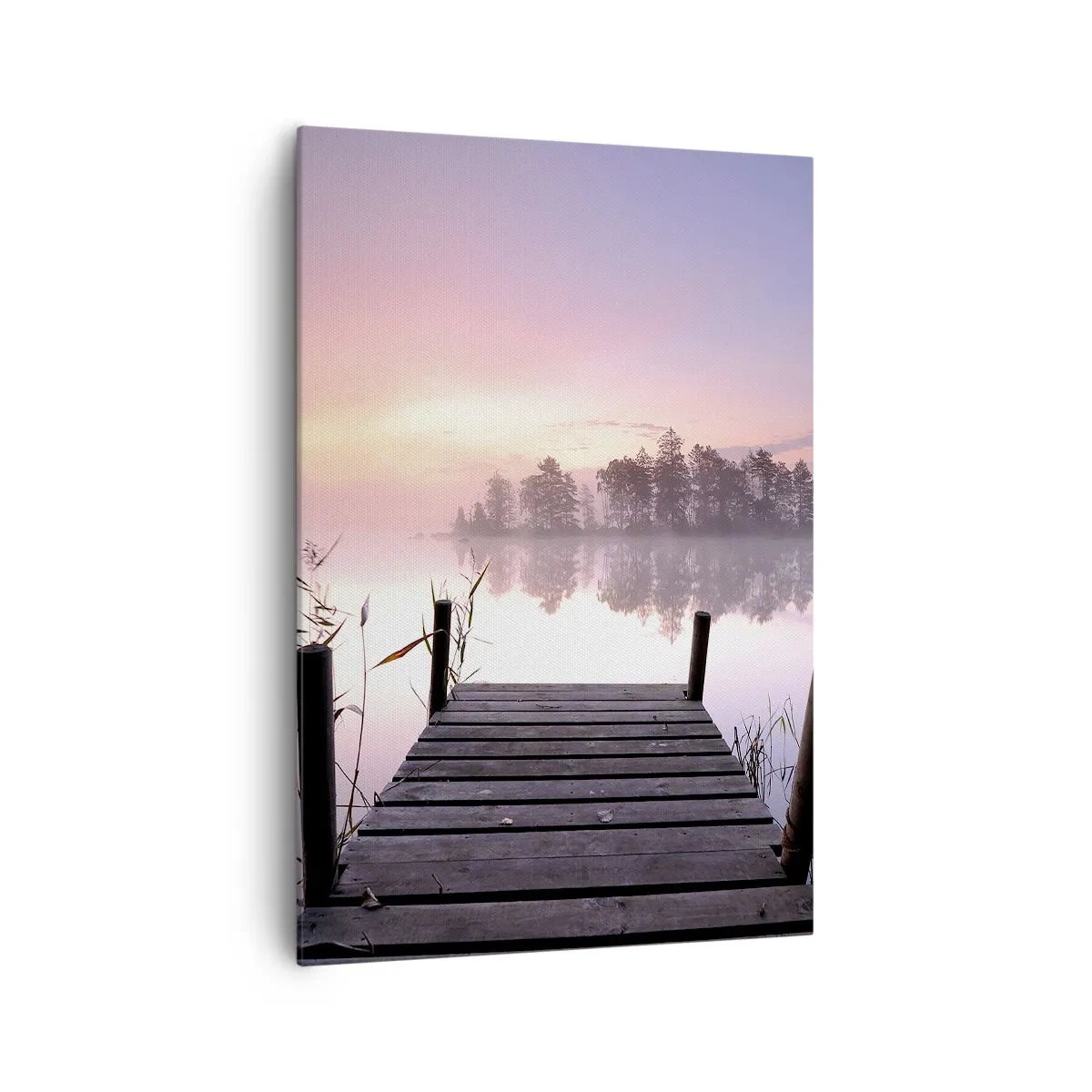Impression sur toile - Image sur toile - Une jetée au bord du lac à l'aube avec du brouillard et un ciel pastel - 70x100cm - De la brume lilas… - Décoration murale moderne pour le salon et la chambre ARTTOR