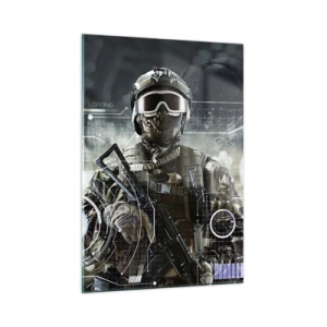 Impression sur verre - Image sur verre - Un soldat en équipement tactique sur fond d'interface futuriste. - 50x70cm - Puissance sans limite - Décoration murale moderne pour le salon et la chambre ARTTOR