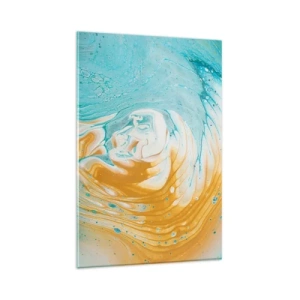 Impression sur verre - Image sur verre - Vagues abstraites dans des tons de bleu et d'or sur toile - 80x120cm - Tourbillon pastel - Décoration murale moderne pour le salon et la chambre ARTTOR