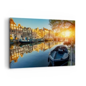 Impression sur toile - Image sur toile - Canal d'Amsterdam au coucher du soleil - 100x70cm - Début de journée à Amsterdam - Décoration murale moderne pour le salon et la chambre ARTTOR