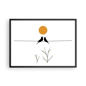 Affiche dans un cadre noir - Poster - Oiseaux sur une ligne avec un soleil jaune - 70x50cm - Soirée pour rossignols - Décoration murale moderne pour le salon et la chambre ARTTOR