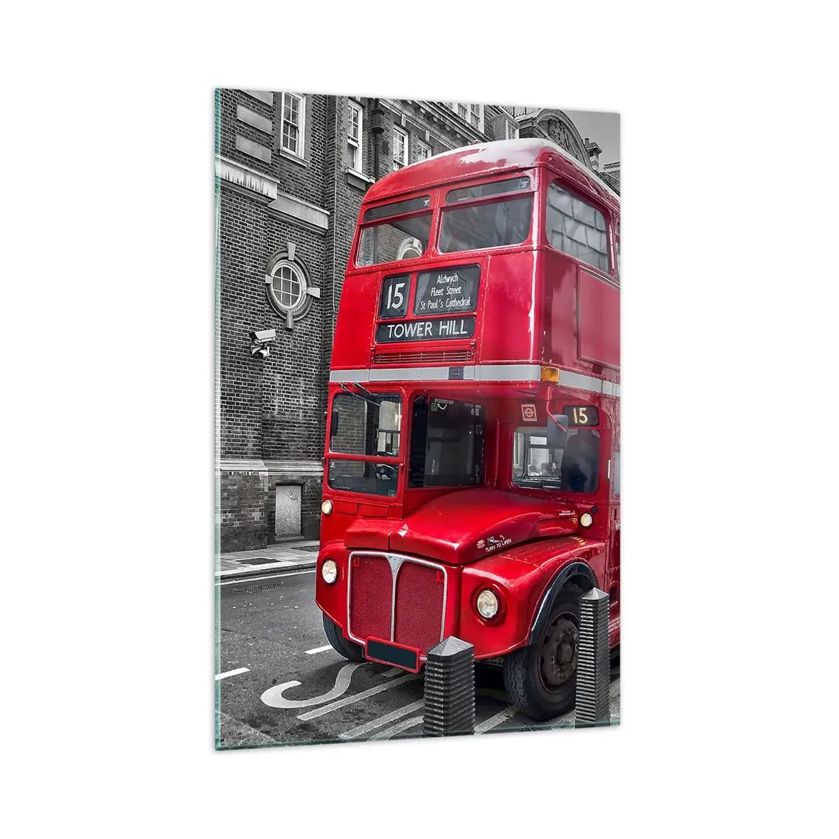 Impression sur verre - Image sur verre - Un bus rouge à impériale à Londres sur fond d'architecture classique - 80x120cm - Toujours la même chose - Décoration murale moderne pour le salon et la chambre ARTTOR