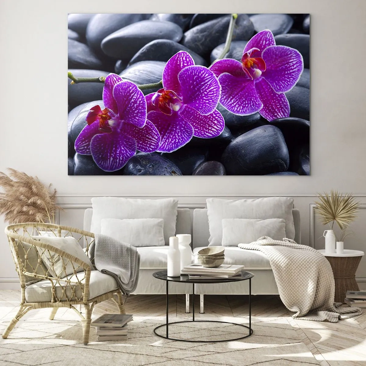 Impression sur verre - Image sur verre - Orchidées violettes sur fond de pierres lisses - 100x70cm - Les pierres brillaient de joie - Décoration murale moderne pour le salon et la chambre ARTTOR