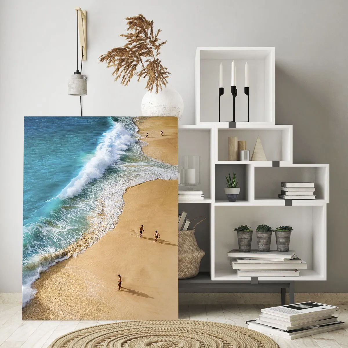 Impression sur verre - Image sur verre - Une plage avec de l'eau turquoise et des gens qui se promènent - 80x120cm - Et ensuite le soleil, la plage… - Décoration murale moderne pour le salon et la chambre ARTTOR