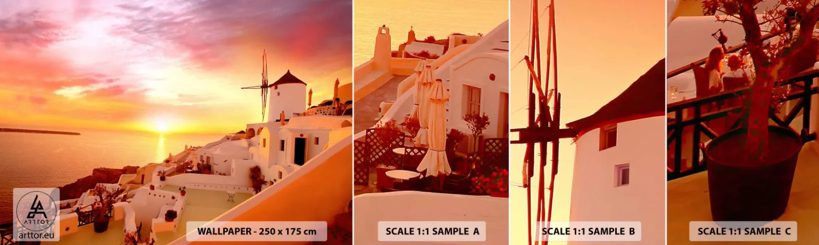 Échantillon de Papier Peint Autocollant Deluxe Sticker - Fondre en blanc et or - Paysage, Santorin, Grèce - 100x30 cm