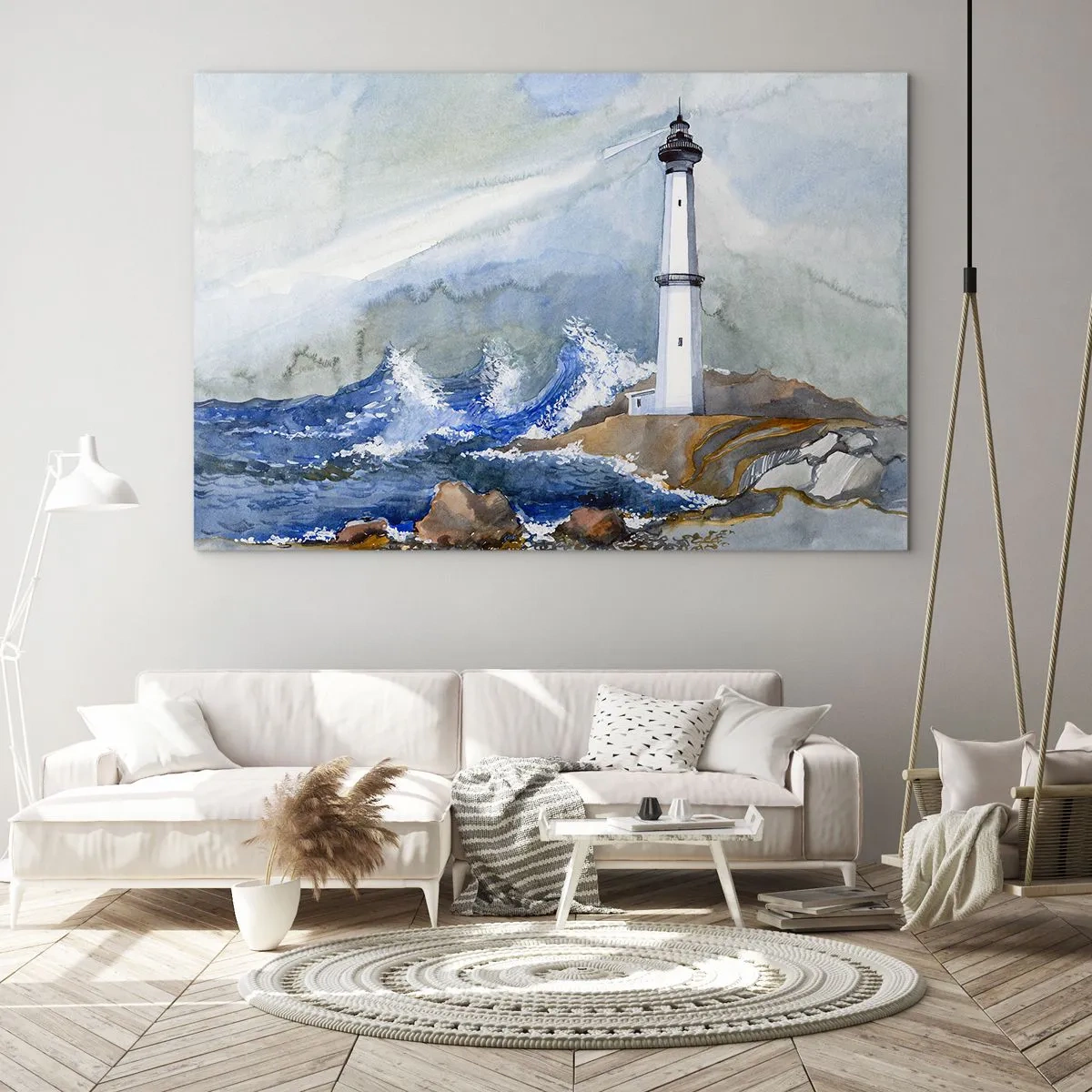 Impression sur verre - Image sur verre - Un phare au bord d'une mer agitée dans un style aquarelle - 120x80cm - Contre l'obscurité et la tempête - Décoration murale moderne pour le salon et la chambre ARTTOR