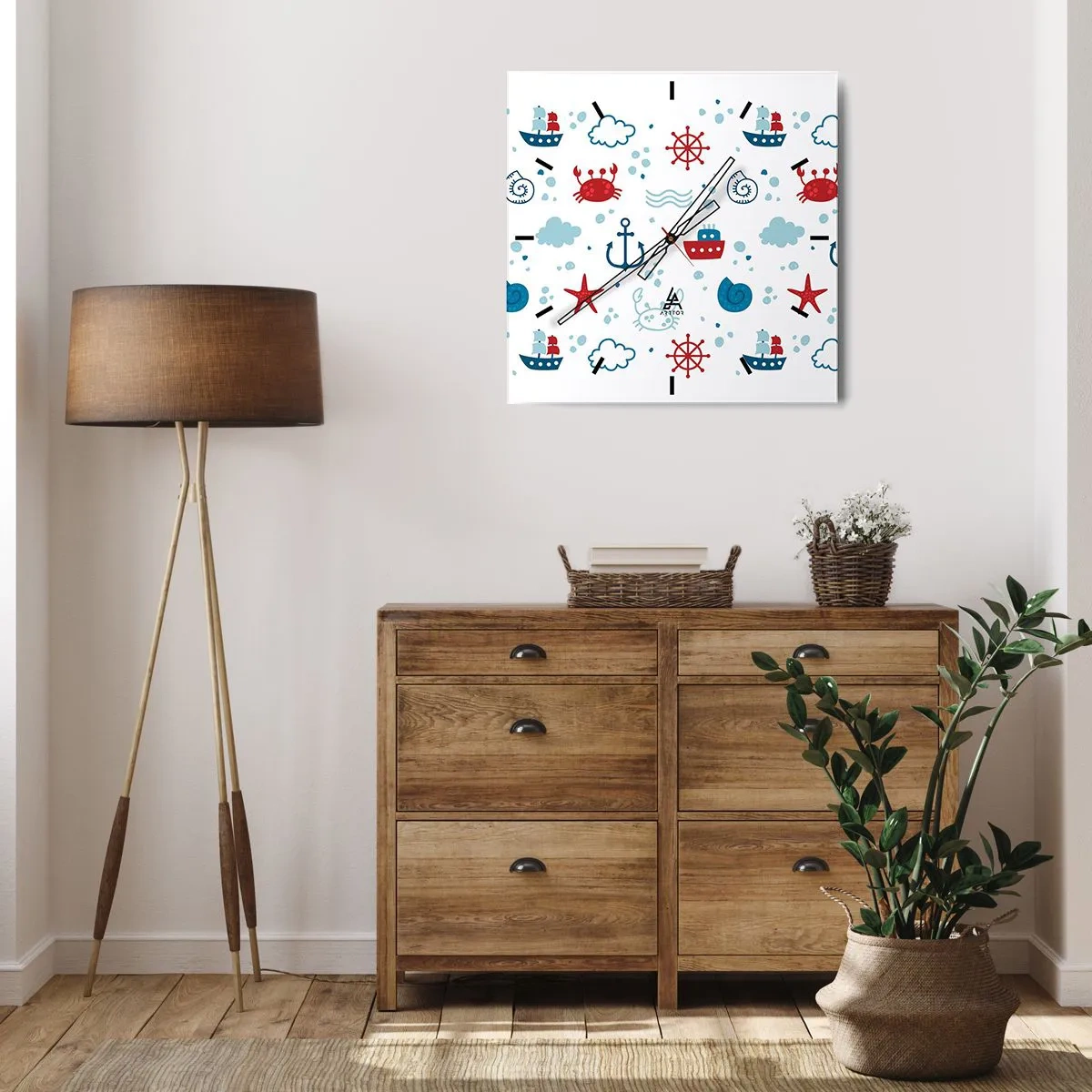 Horloge murale - Pendule murale - Motif nautique avec ancres, navires et crabes - 30x30cm - Conte de fées de la mer - Décoration murale moderne pour le salon et la chambre ARTTOR