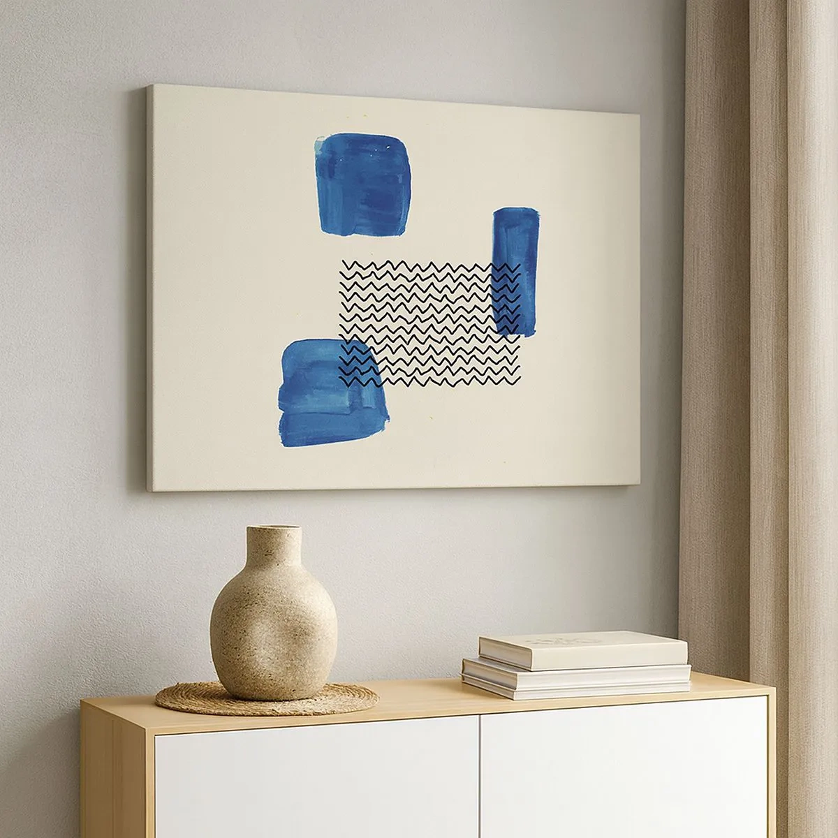 Impression sur toile - Image sur toile - Composition abstraite avec des taches bleues et des lignes ondulées - 70x50cm - Quatuor abstrait - Décoration murale moderne pour le salon et la chambre ARTTOR