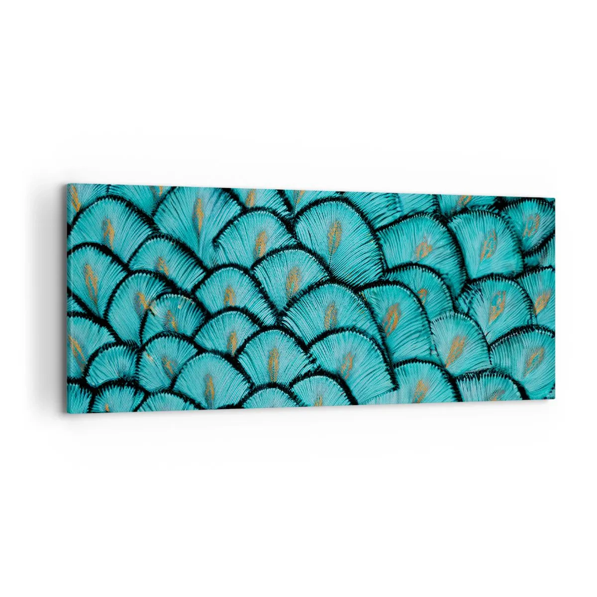 Impression sur toile - Image sur toile - Un motif ressemblant à des écailles turquoise avec des accents dorés - 120x50cm - Le grand gala des plumes - Décoration murale moderne pour le salon et la chambre ARTTOR