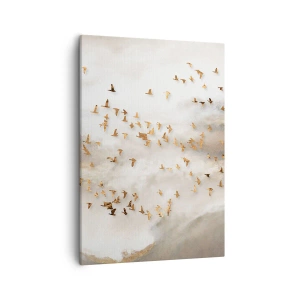 Impression sur toile - Image sur toile - Oiseaux dorés contre les montagnes brumeuses - 50x70cm - Il est l'heure… - Décoration murale moderne pour le salon et la chambre ARTTOR