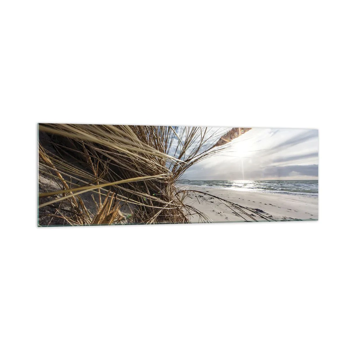 Impression sur verre - Image sur verre - Une plage avec de l'herbe sèche sur les dunes et une vue sur la mer - 160x50cm - Rencontre des éléments - Décoration murale moderne pour le salon et la chambre ARTTOR