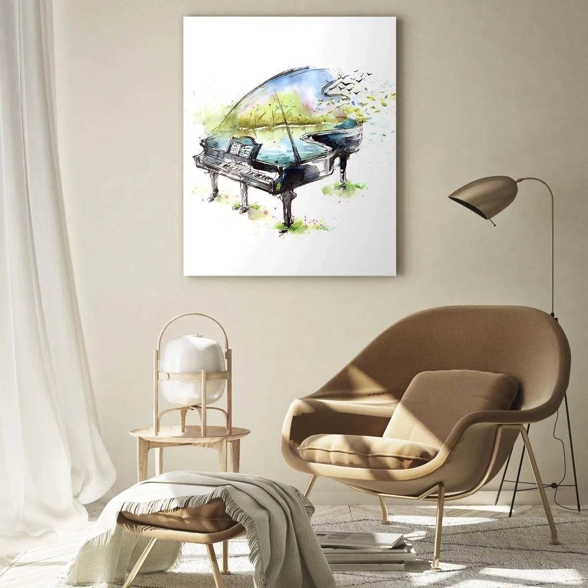 Impression sur verre - Image sur verre - Aquarelle d'un piano entouré de nature - 50x70cm - Enchanté en musique - Décoration murale moderne pour le salon et la chambre ARTTOR