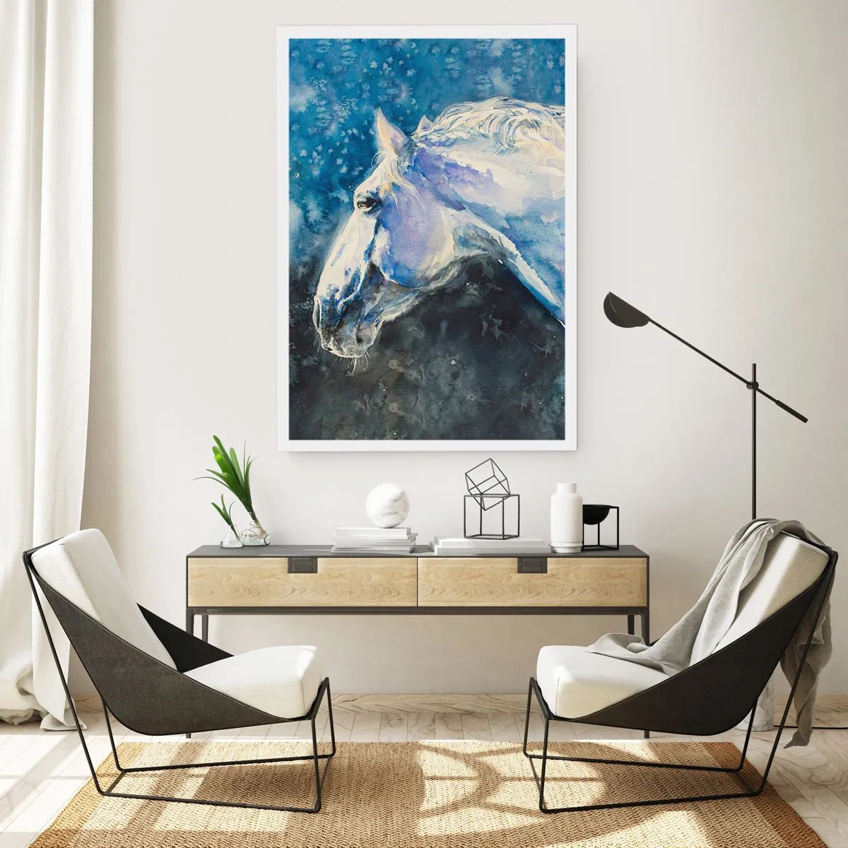 Affiche - Poster - Portrait d'un cheval dans des tons bleus à l'aquarelle - 50x70cm - Portrait dans une lueur azur - Décoration murale moderne pour le salon et la chambre ARTTOR