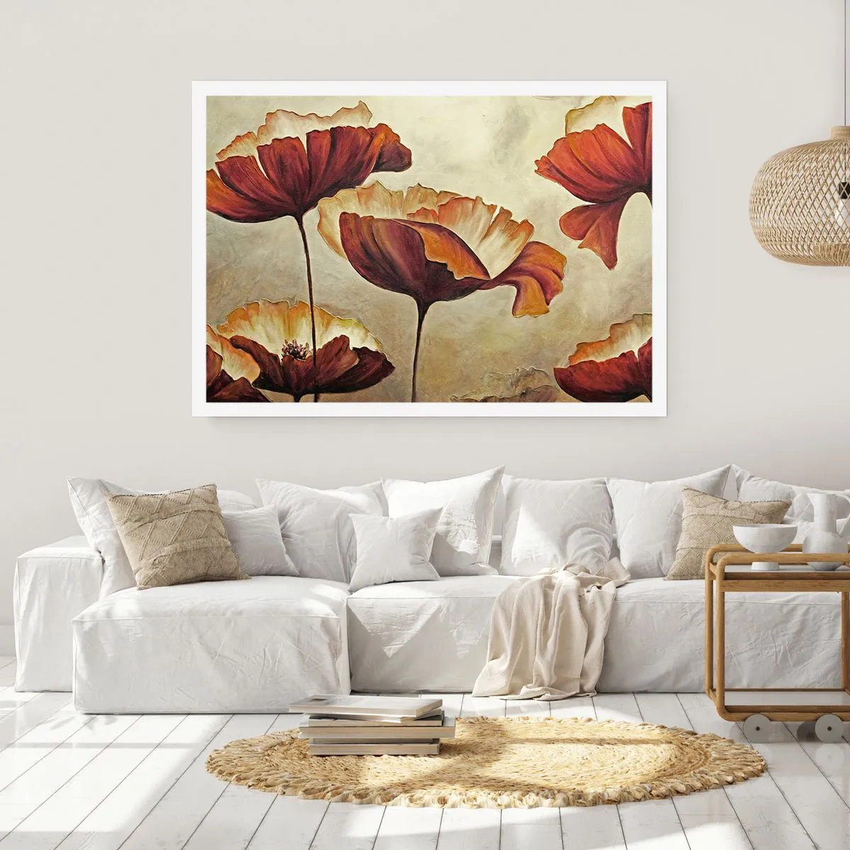 Affiche - Poster - Fleurs subtiles dans des tons de rouge et d'or sur un fond clair - 100x70cm - À la lisière des champs - Décoration murale moderne pour le salon et la chambre ARTTOR