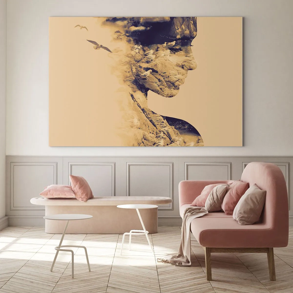 Impression sur verre - Image sur verre - Silhouette d'une femme avec un motif de paysage et d'oiseaux - 120x80cm - Beauté de la nature - Décoration murale moderne pour le salon et la chambre ARTTOR