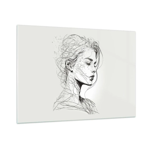 Impression sur verre - Image sur verre - Un croquis en noir et blanc d'une femme aux yeux fermés dans une ligne délicate. - 100x70cm - Portrait en pensée - Décoration murale moderne pour le salon et la chambre ARTTOR