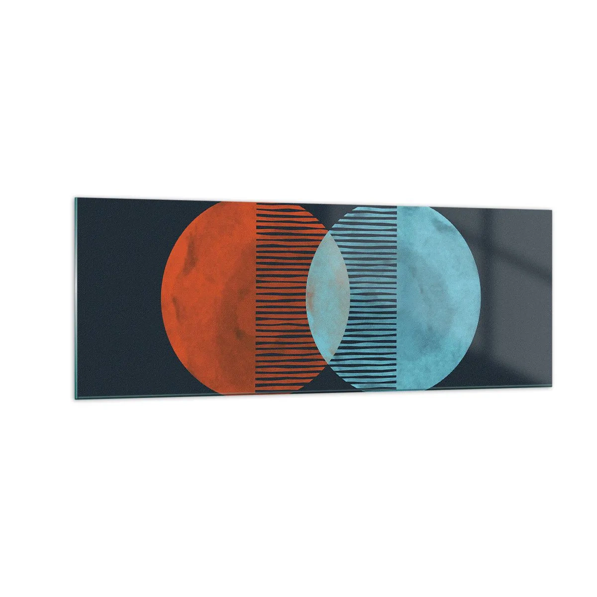 Impression sur verre - Image sur verre - Deux cercles orange et bleus sur fond sombre - 140x50cm - Fantaisie astronomique - Décoration murale moderne pour le salon et la chambre ARTTOR