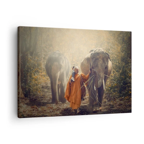 Impression sur toile - Image sur toile - Un moine en robe orange conduit un éléphant dans la forêt. - 70x50cm - Compréhension totale - Décoration murale moderne pour le salon et la chambre ARTTOR