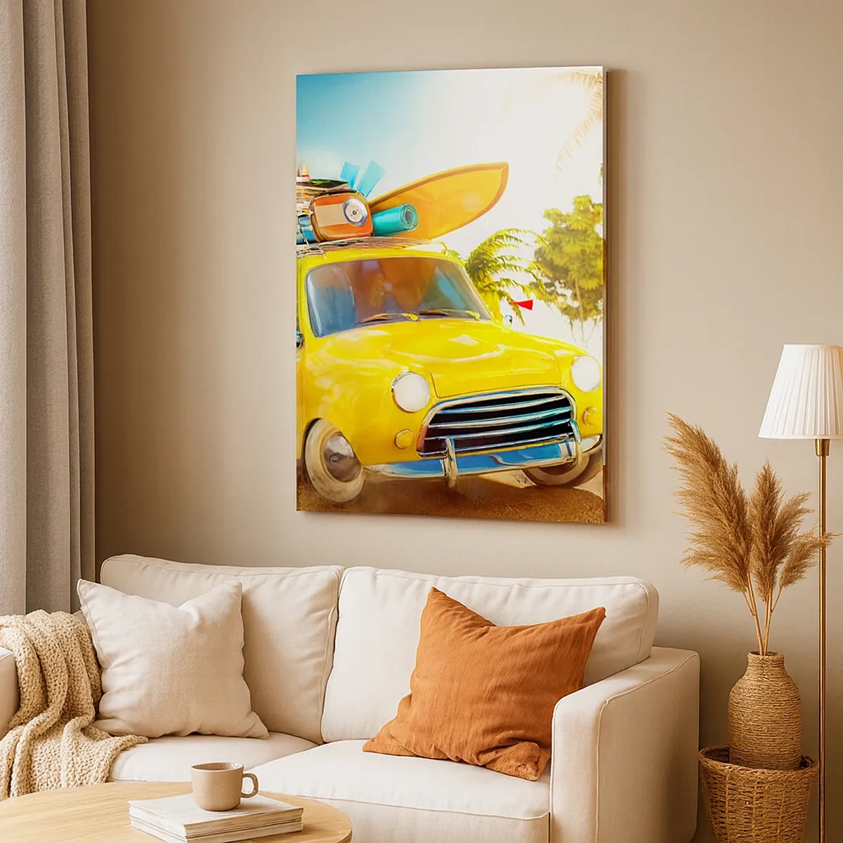 Impression sur toile - Image sur toile - Une voiture jaune avec des bagages dans un paysage tropical - 50x70cm - Un voyage pour plus d'un sourire - Décoration murale moderne pour le salon et la chambre ARTTOR